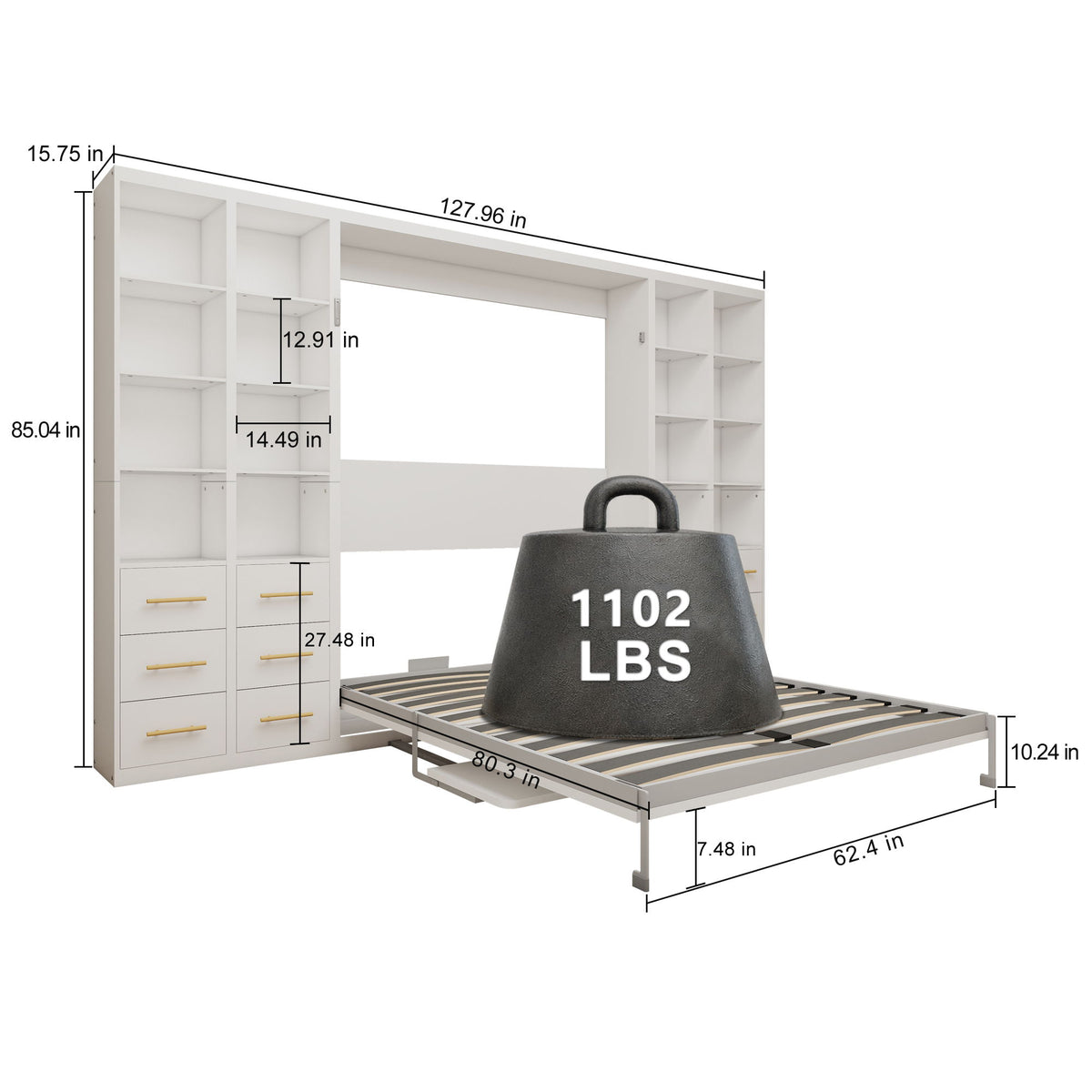 Vertical Murphy wall bed size diagram with labeled measurements, folded bed platform, white.