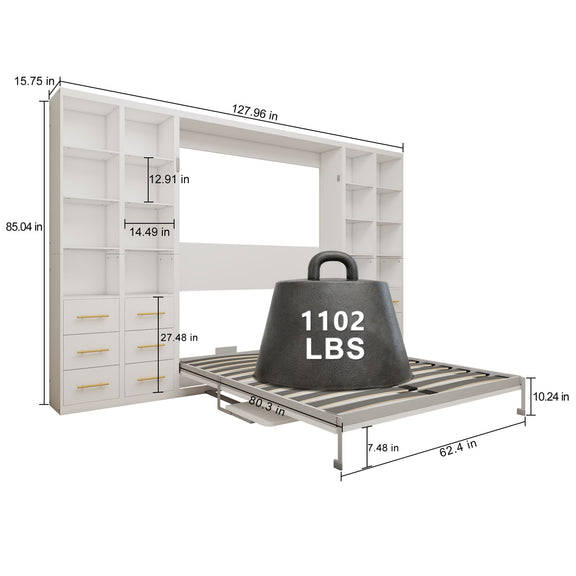 Vertical Murphy wall bed size diagram with labeled measurements, folded bed platform, white.
