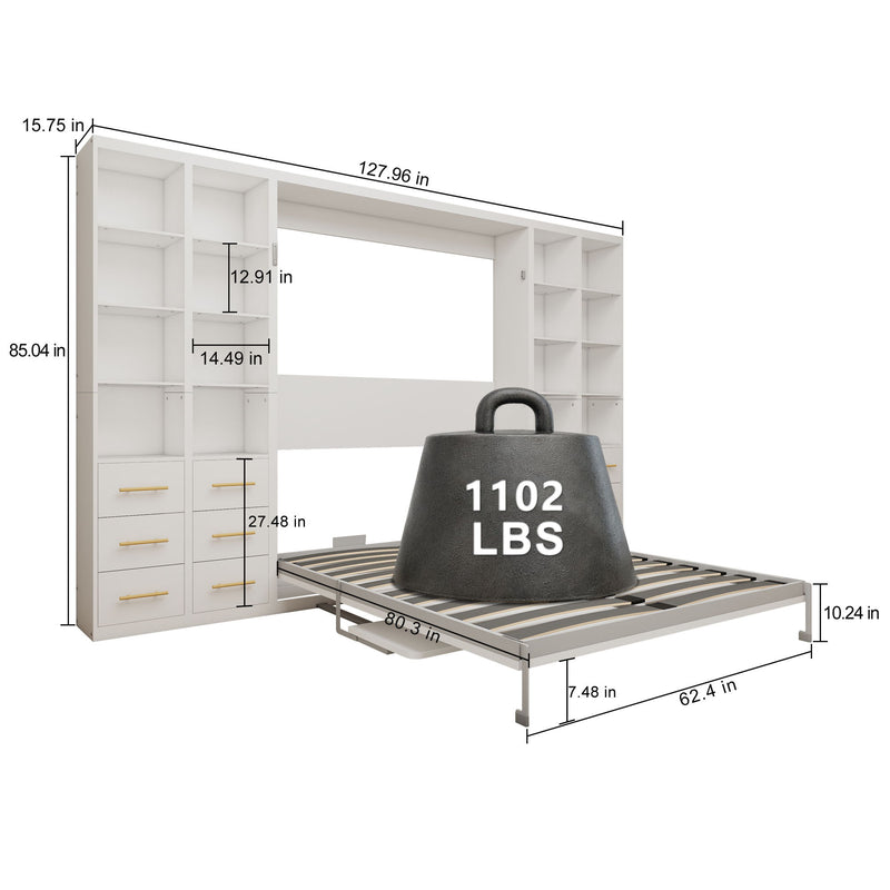 Vertical Murphy wall bed size diagram with labeled measurements, folded bed platform, white.