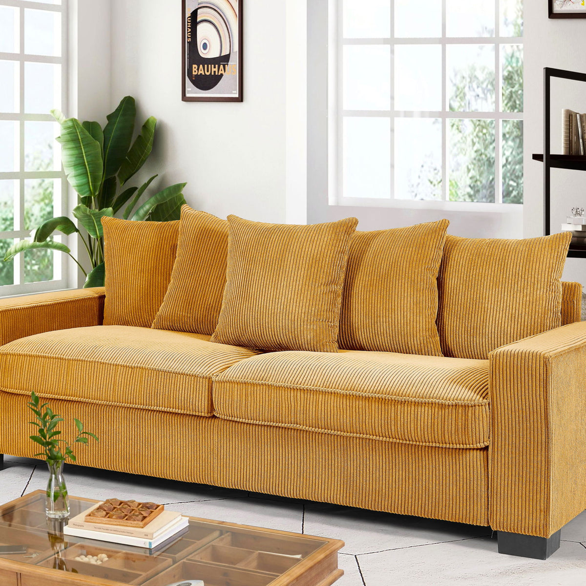 Luxe Corduroy Sofa With 5 Matching Toss Pillows, Sleek Design, Spacious And Comfortable 3 Seater Couch