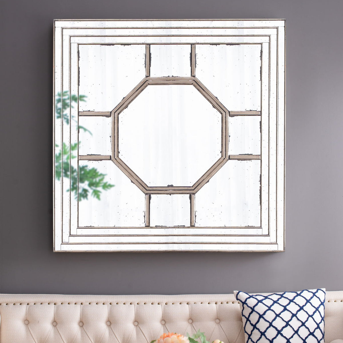 Antique Style Decorative Square Wall Mirror With Mirrored Frame, Wall Decor For Living Room Entryway, Console Lean Against Wall - Silver