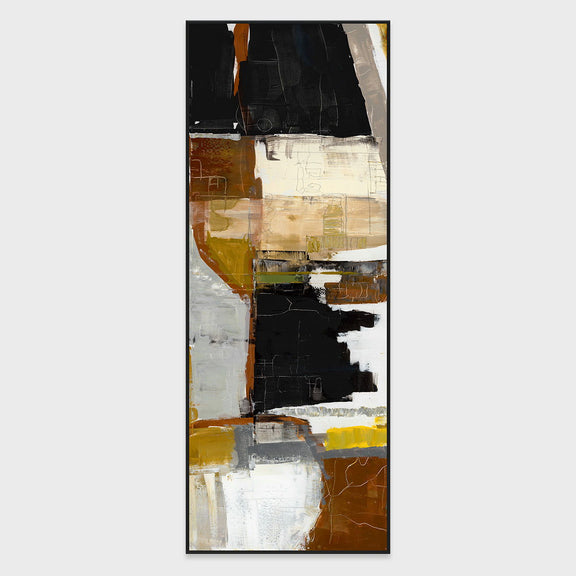 Abstract canvas wall art with black frame; layered black, white, and warm tan shapes