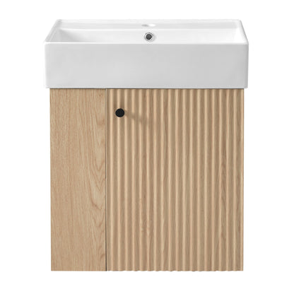 Floating bathroom vanity with ceramic sink and white top, light wood grain cabinet