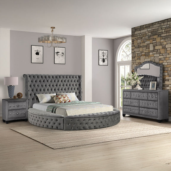 Gray tufted storage bed set with nightstand and dresser with arched mirror