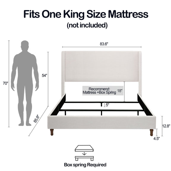 Ivory king bed with 54-inch wingback headboard and dimensions shown