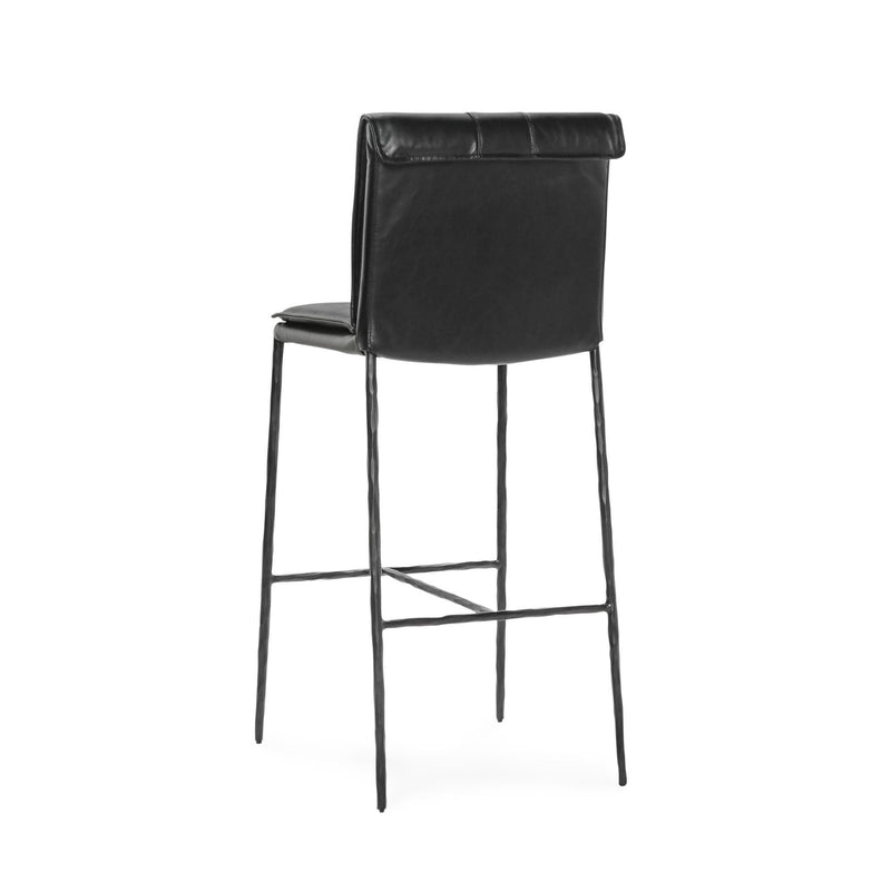 Black leather bar stool with padded back and seat, black metal legs and crossbar footrest.