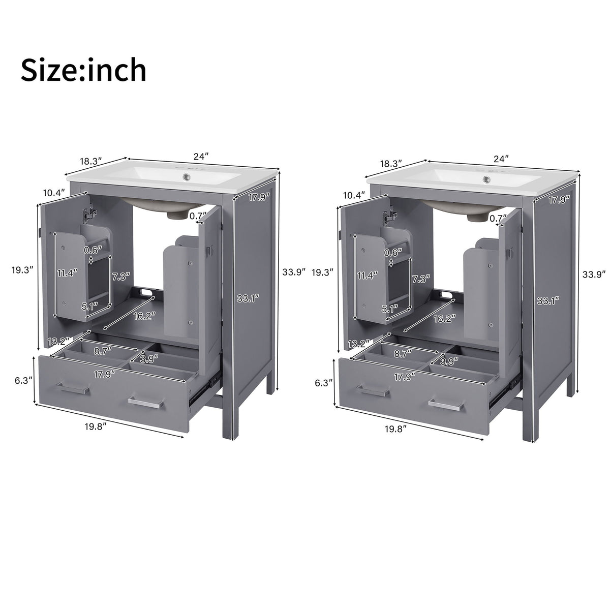 Bathroom Vanity With Integrated Undermount Ceramic Sink, 2 Doors And 1 Drawer, Soft Close Hinges