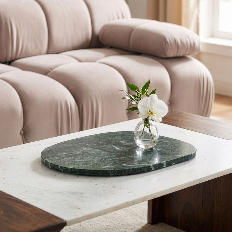 Genuine marble decorative tray, dark green oval marble top with glossy natural veining