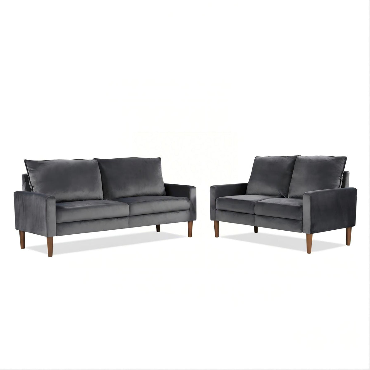 Upholstered loveseat sofa set with dark gray upholstery, two seat cushions, and wooden feet