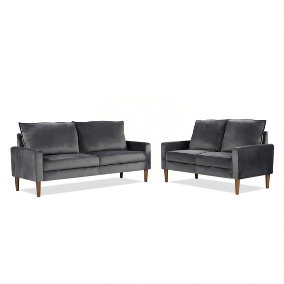 Upholstered loveseat sofa set with dark gray upholstery, two seat cushions, and wooden feet