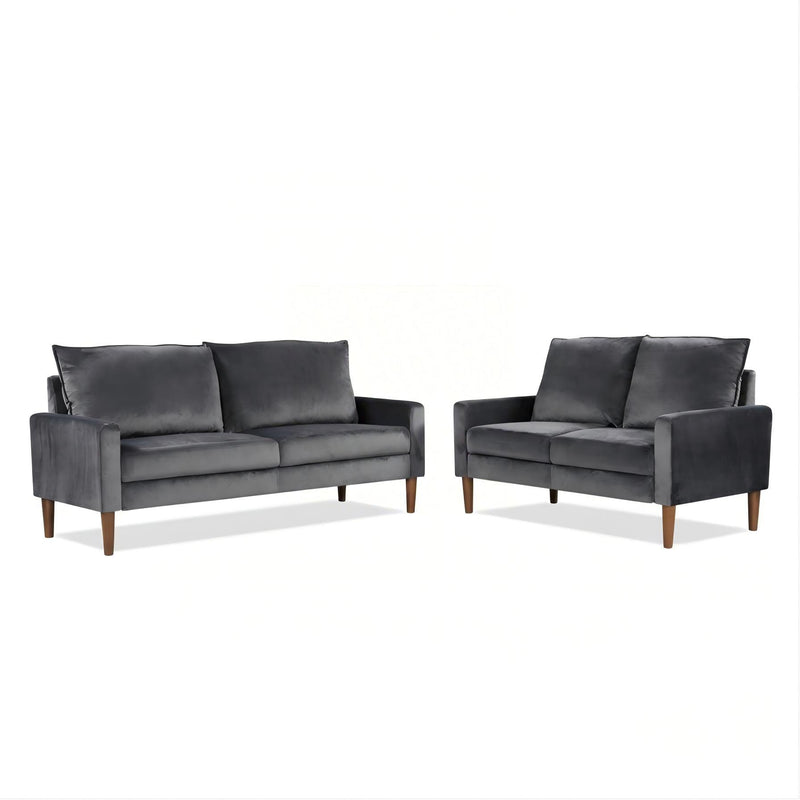 Upholstered loveseat sofa set with dark gray upholstery, two seat cushions, and wooden feet