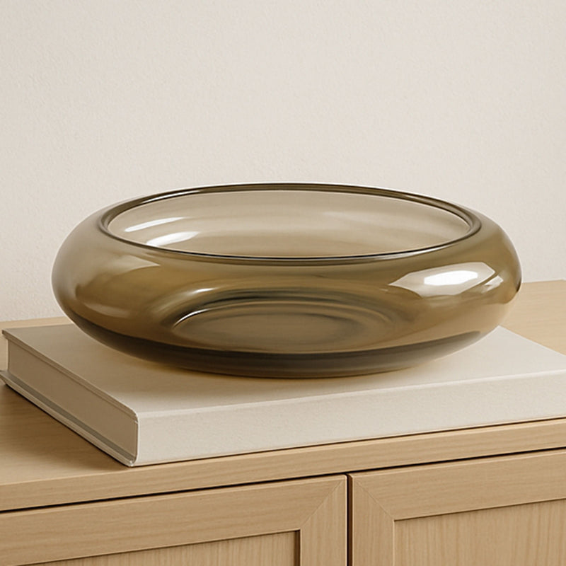 Smoky brown tinted glass bowl, rounded low profile with thin metallic rim