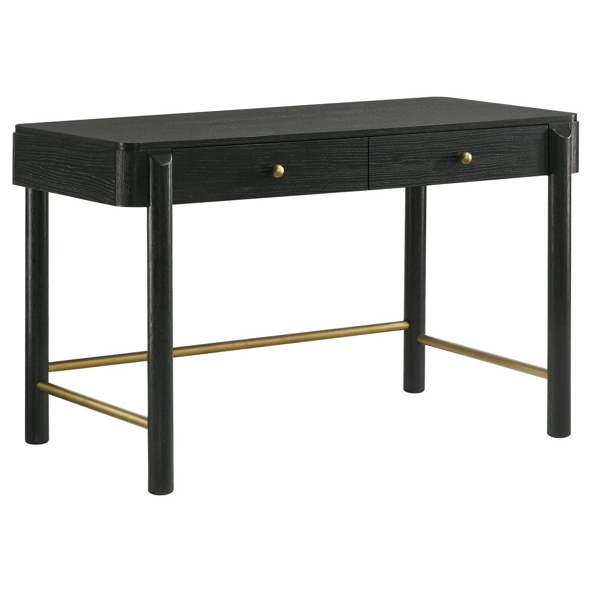 Black 2-drawer vanity desk with gold pulls and gold cross-brace underframe