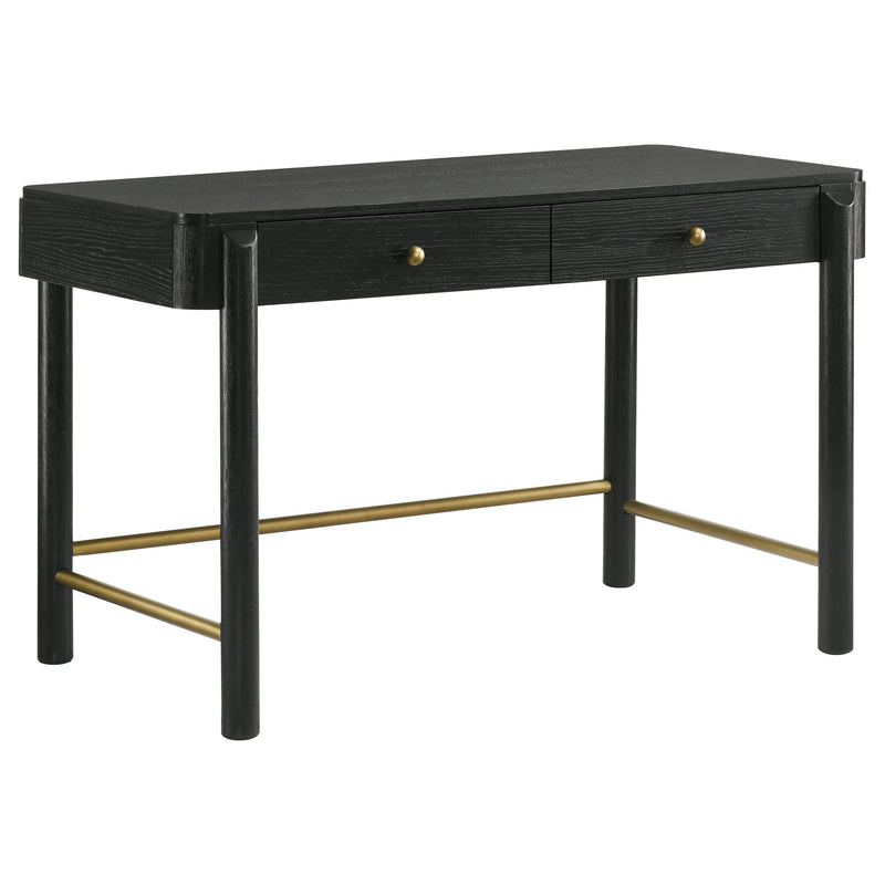 Black 2-drawer vanity desk with gold pulls and gold cross-brace underframe