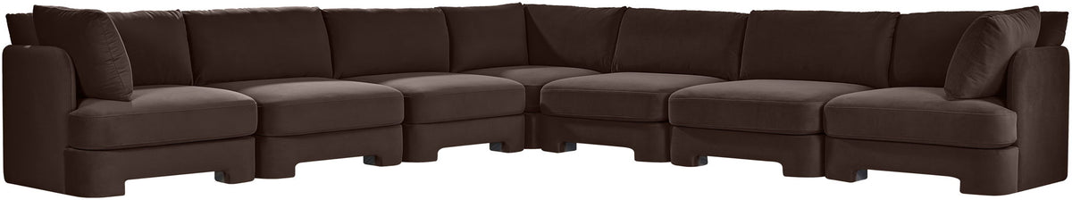 Dark brown velvet corner sectional sofa with tufted back, square arms, and chaise corner
