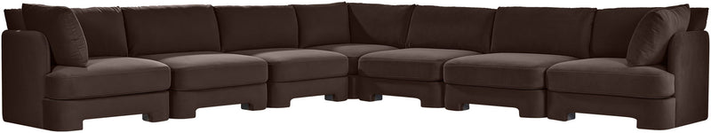 Dark brown velvet corner sectional sofa with tufted back, square arms, and chaise corner
