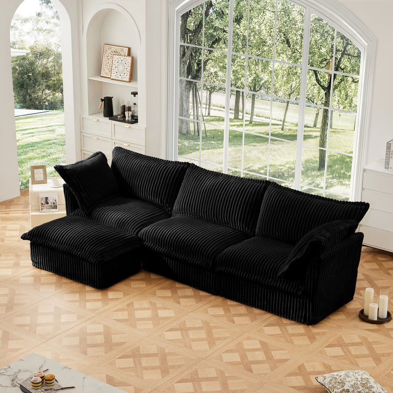 3-Seater Slipcovered L-Shaped Corduroy Sectional Sofa - Black Corduroy