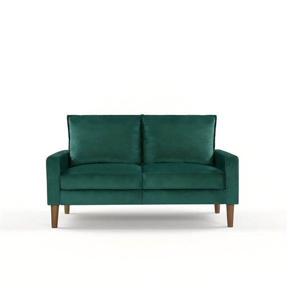 Upholstered 2-seater loveseat sofa in dark green with two back cushions and wooden legs
