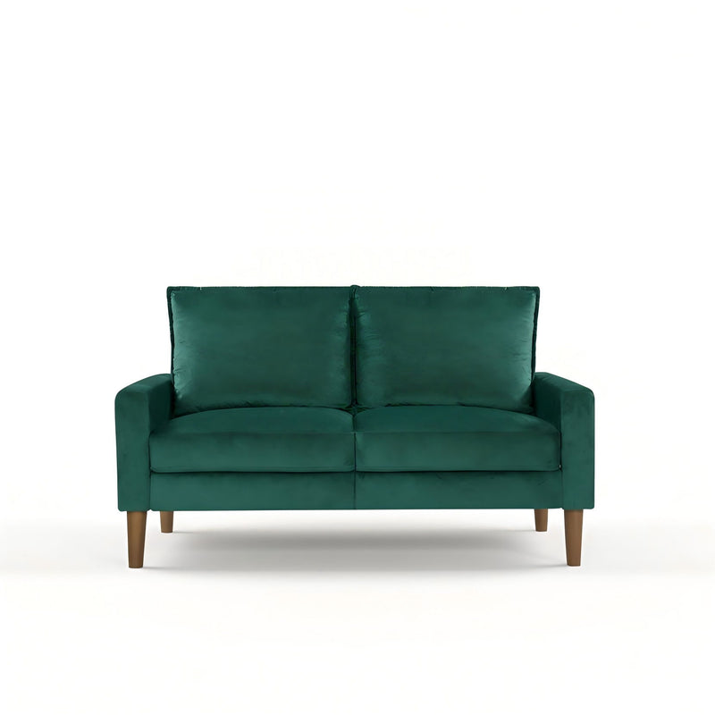 Upholstered 2-seater loveseat sofa in dark green with two back cushions and wooden legs