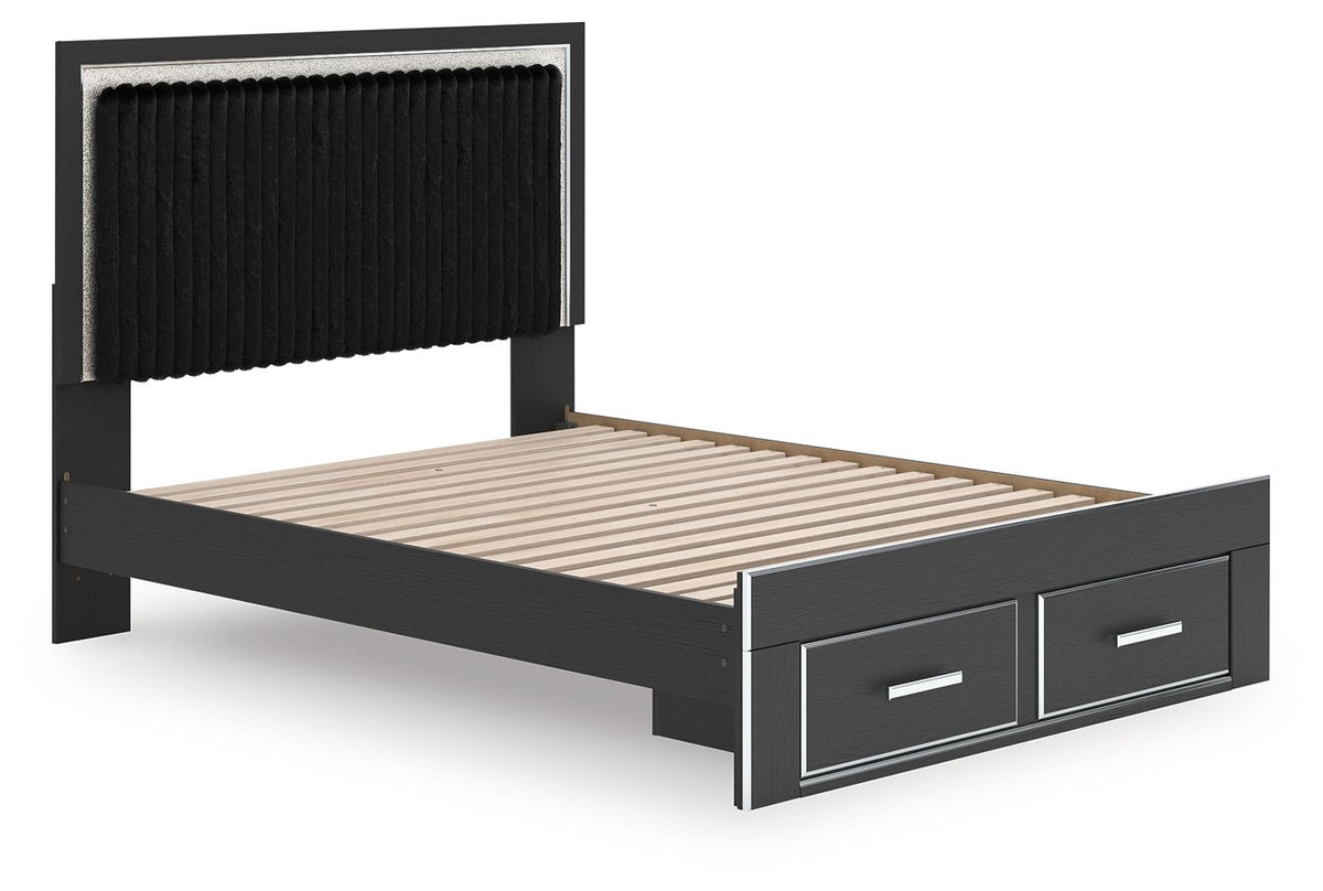 Upholstered panel platform storage bed, black frame with slatted base and 2 drawers