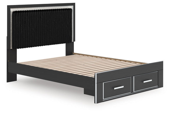 Upholstered panel platform storage bed, black frame with slatted base and 2 drawers
