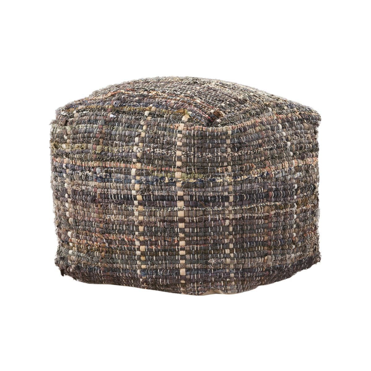 Koki - Handcrafted Fabric Pouf Recycled Denim And Paper Chindi - Khaki