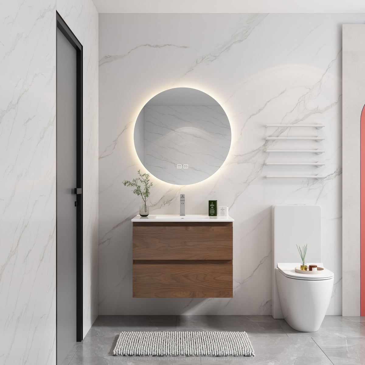 Wall mounted bathroom vanity with white sink and two soft-close drawers, dark brown wood