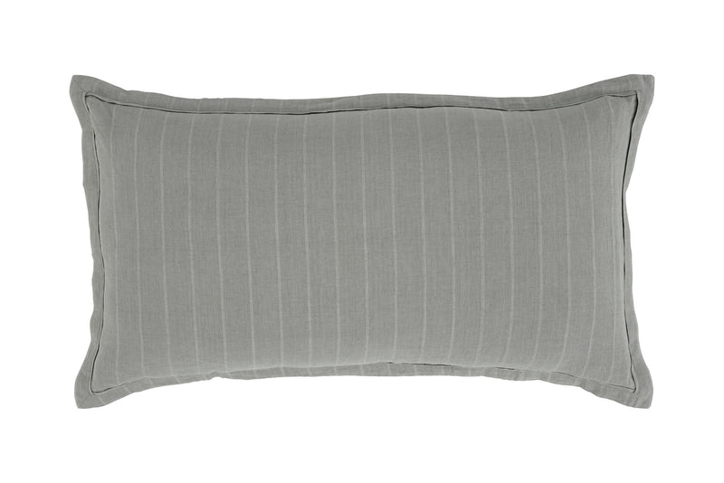 Striped sham pillow in medium gray with vertical lines and folded-corner shape.