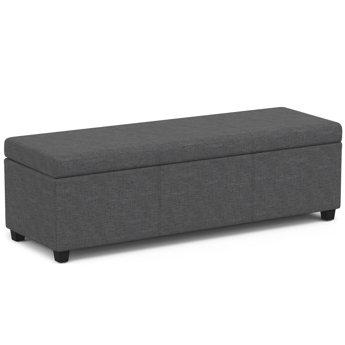 Gray fabric storage ottoman bench with hinged top and four short legs, rectangular profile.