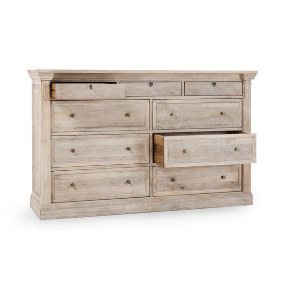 Natural cream wash 9-drawer dresser with metal knobs and slightly open center drawer