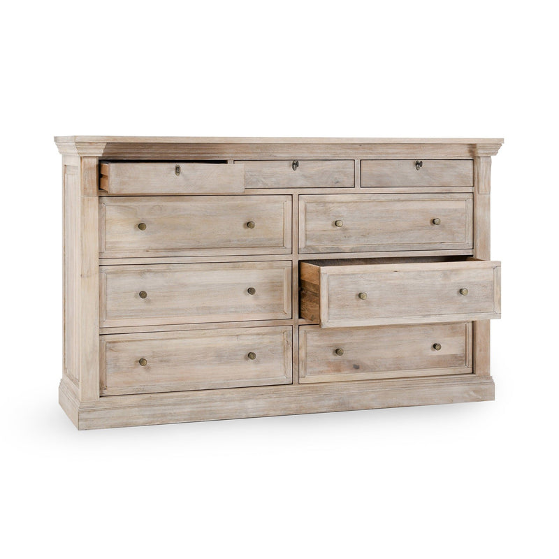 Natural cream wash 9-drawer dresser with metal knobs and slightly open center drawer