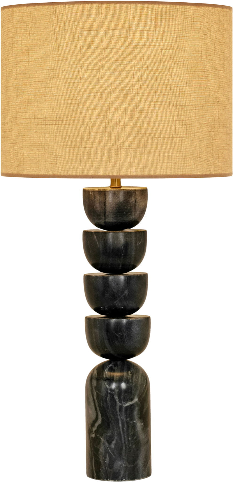 Table lamp with stacked dark marble base and tan fabric drum shade, brass accents