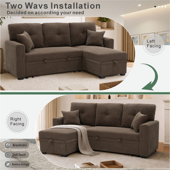 Dark brown sleeper sectional shown with left- and right-facing chaise configurations