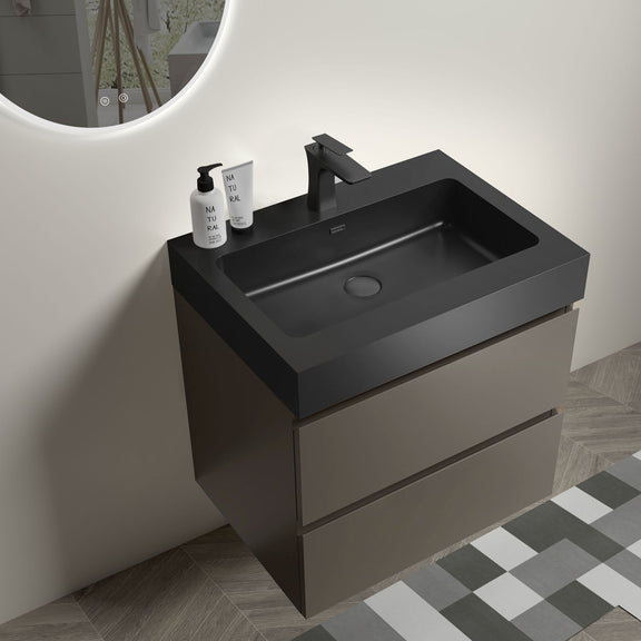 Black bathroom vanity with rectangular sink basin, faucet, and front drawer door