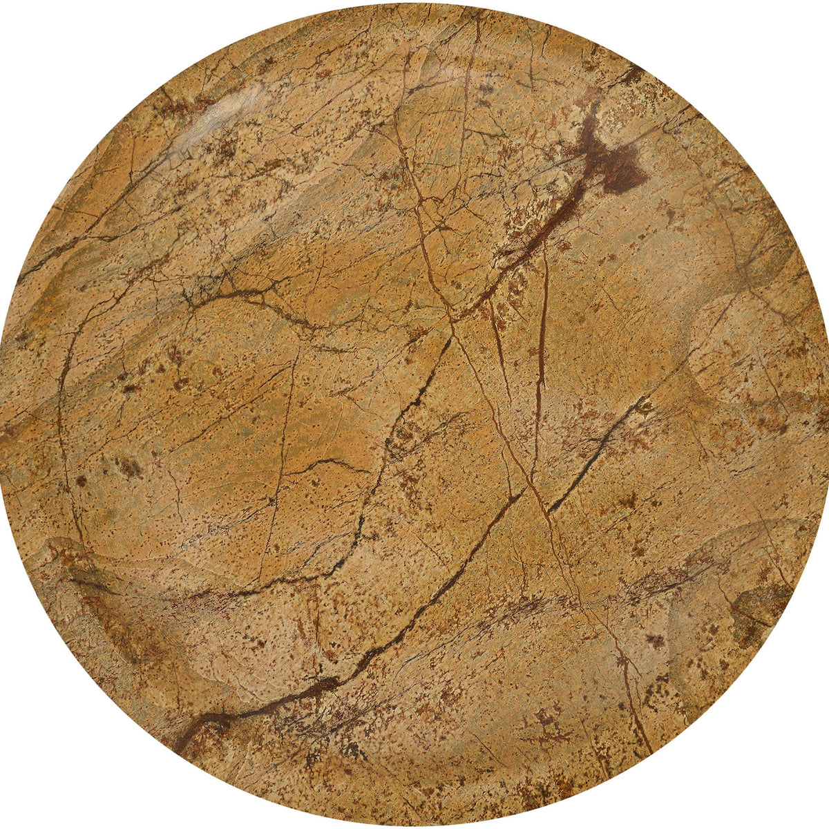 Tan marble bowl top view with prominent veining and natural dark flecks