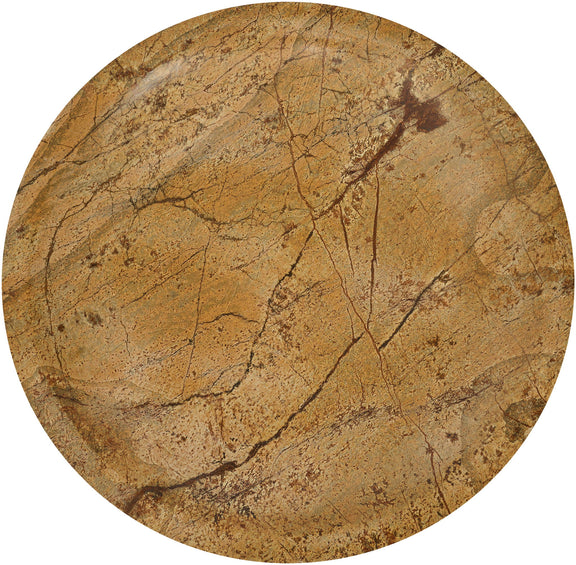 Tan marble bowl top view with prominent veining and natural dark flecks