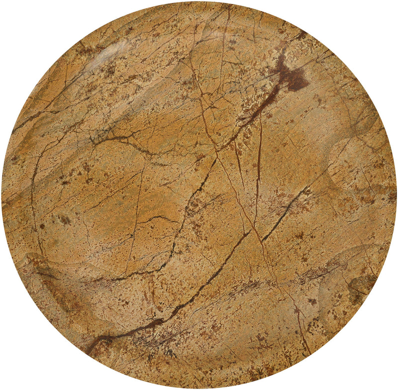 Tan marble bowl top view with prominent veining and natural dark flecks