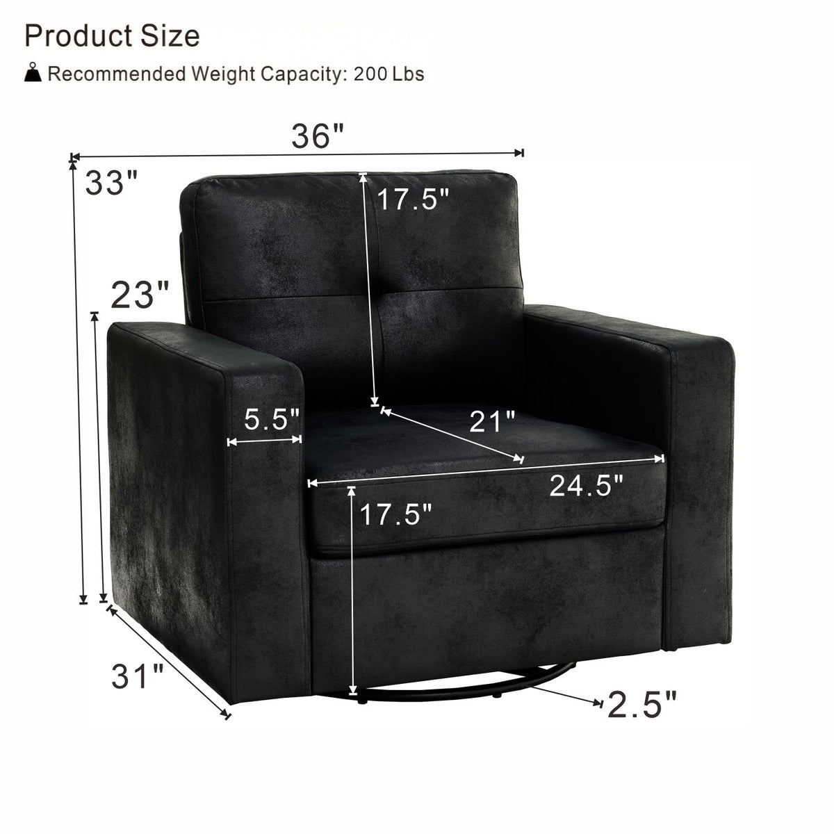 Black single sofa chair with armrests and cushioned backrest, square profile