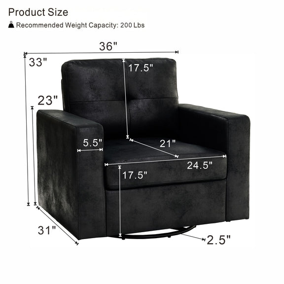 Black single sofa chair with armrests and cushioned backrest, square profile