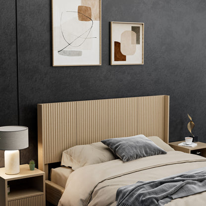 Light brown fluted panel headboard with vertical ridges and wide frame