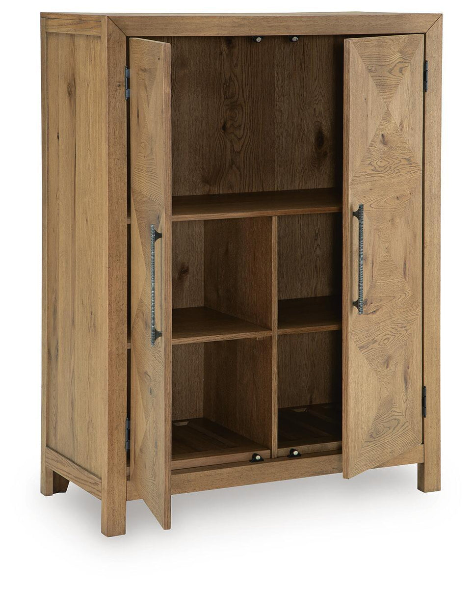 Light brown bar cabinet with open shelves and interior storage behind two doors