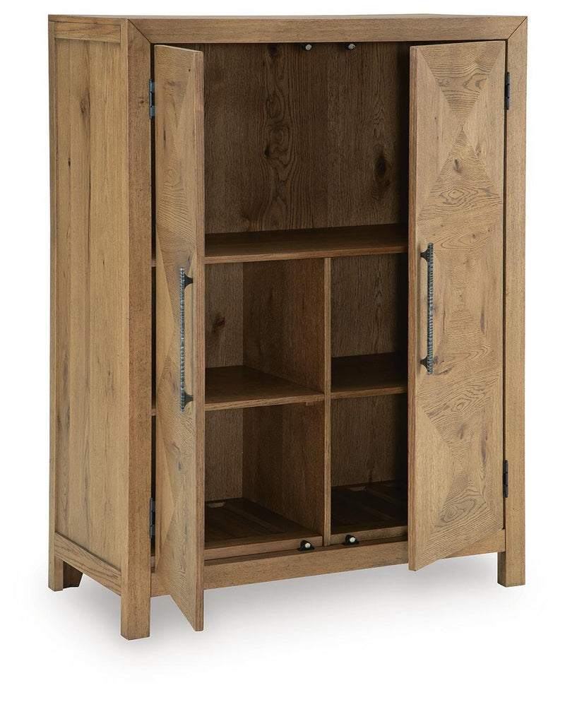 Light brown bar cabinet with open shelves and interior storage behind two doors