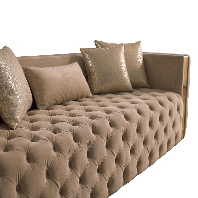 Naomi living room set, taupe tufted sofa with three decorative pillows