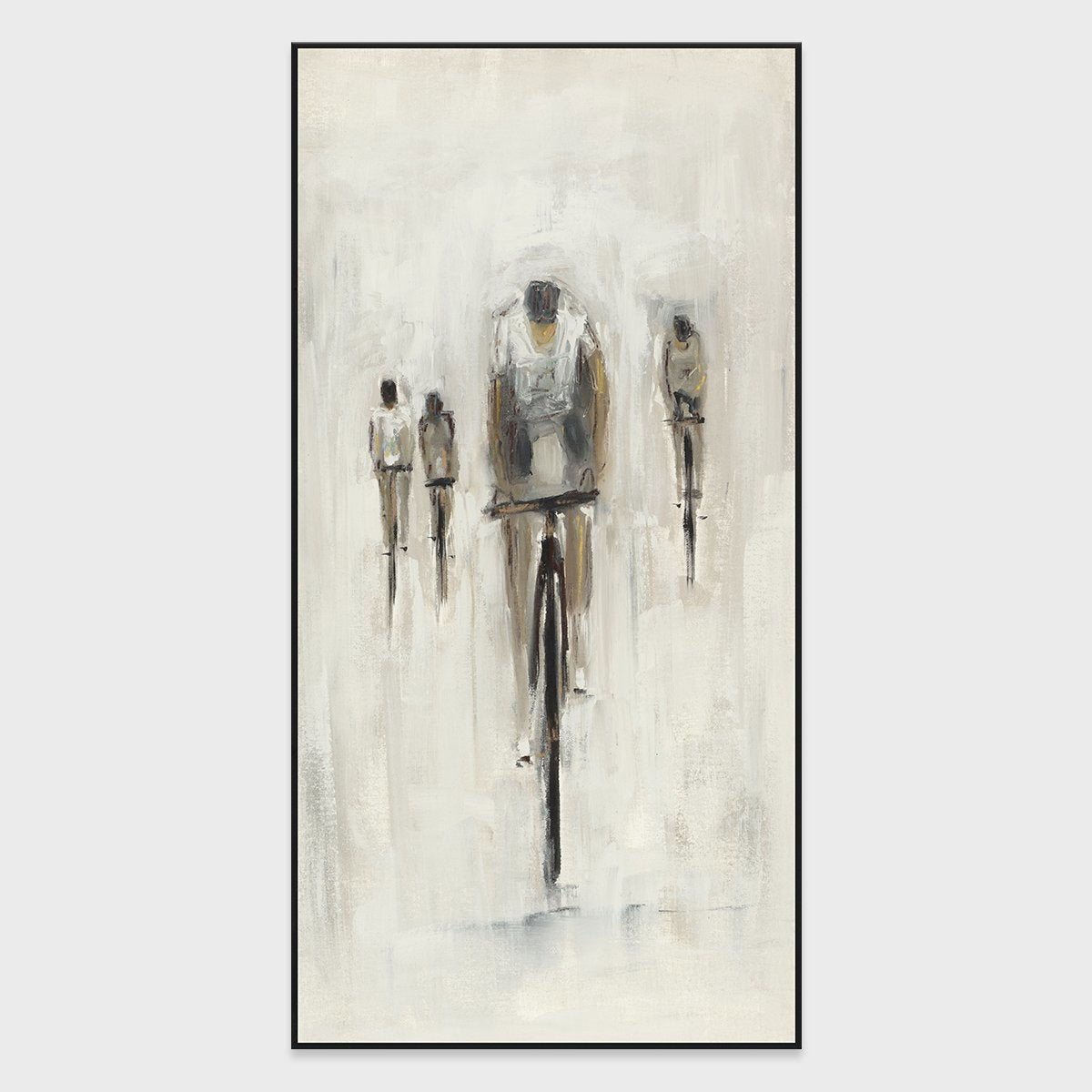 Framed vertical wall painting by Buddy Whitlock showing a cyclist with two smaller figures