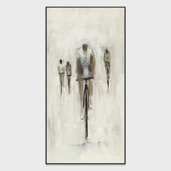 Framed vertical wall painting by Buddy Whitlock showing a cyclist with two smaller figures