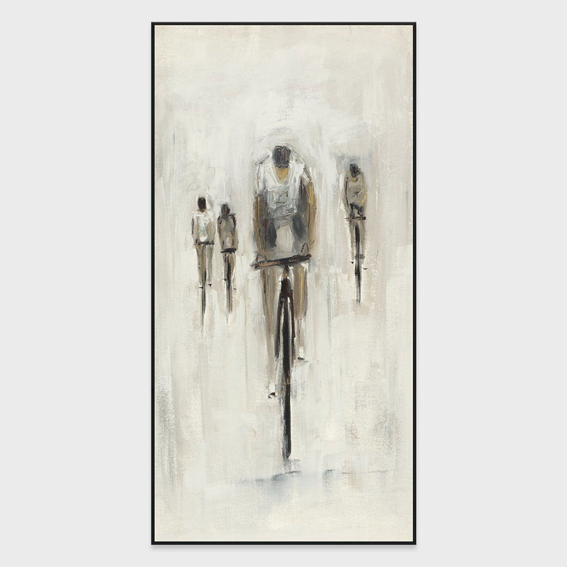 Framed vertical wall painting by Buddy Whitlock showing a cyclist with two smaller figures