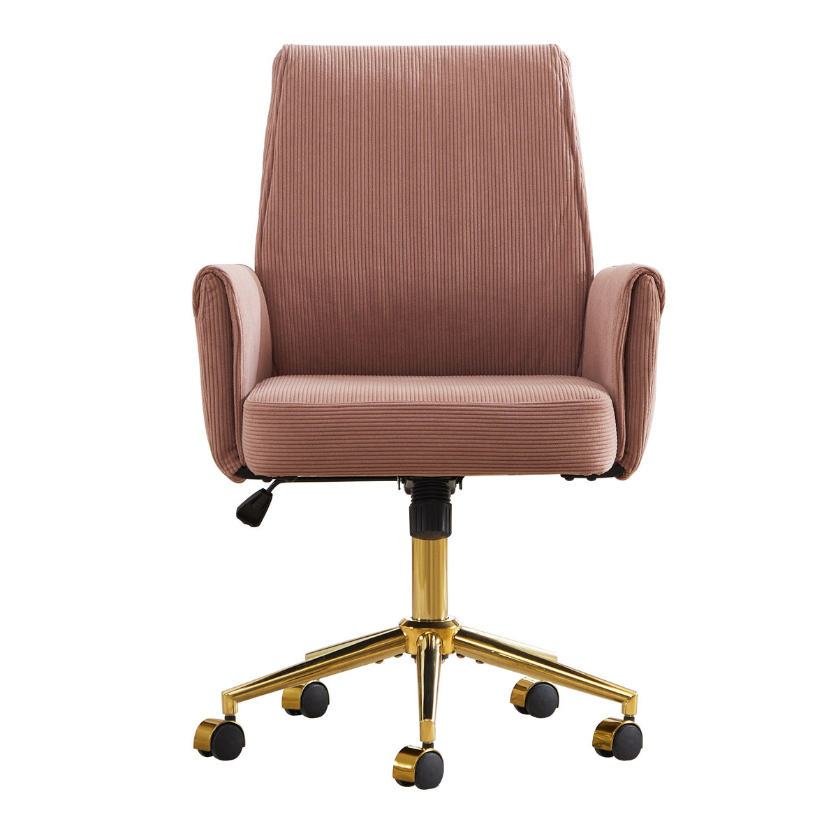 Pink mid-back office chair with upholstered seat, armrests, and swivel base with casters
