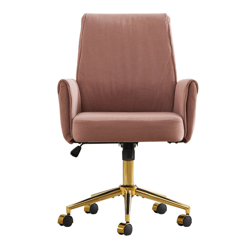 Pink mid-back office chair with upholstered seat, armrests, and swivel base with casters