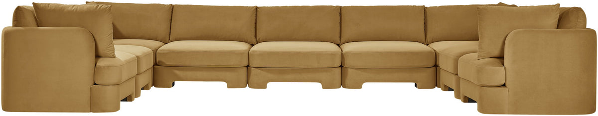 Beige velvet performance fabric 9-piece sectional sofa with chaise corner and wide seats
