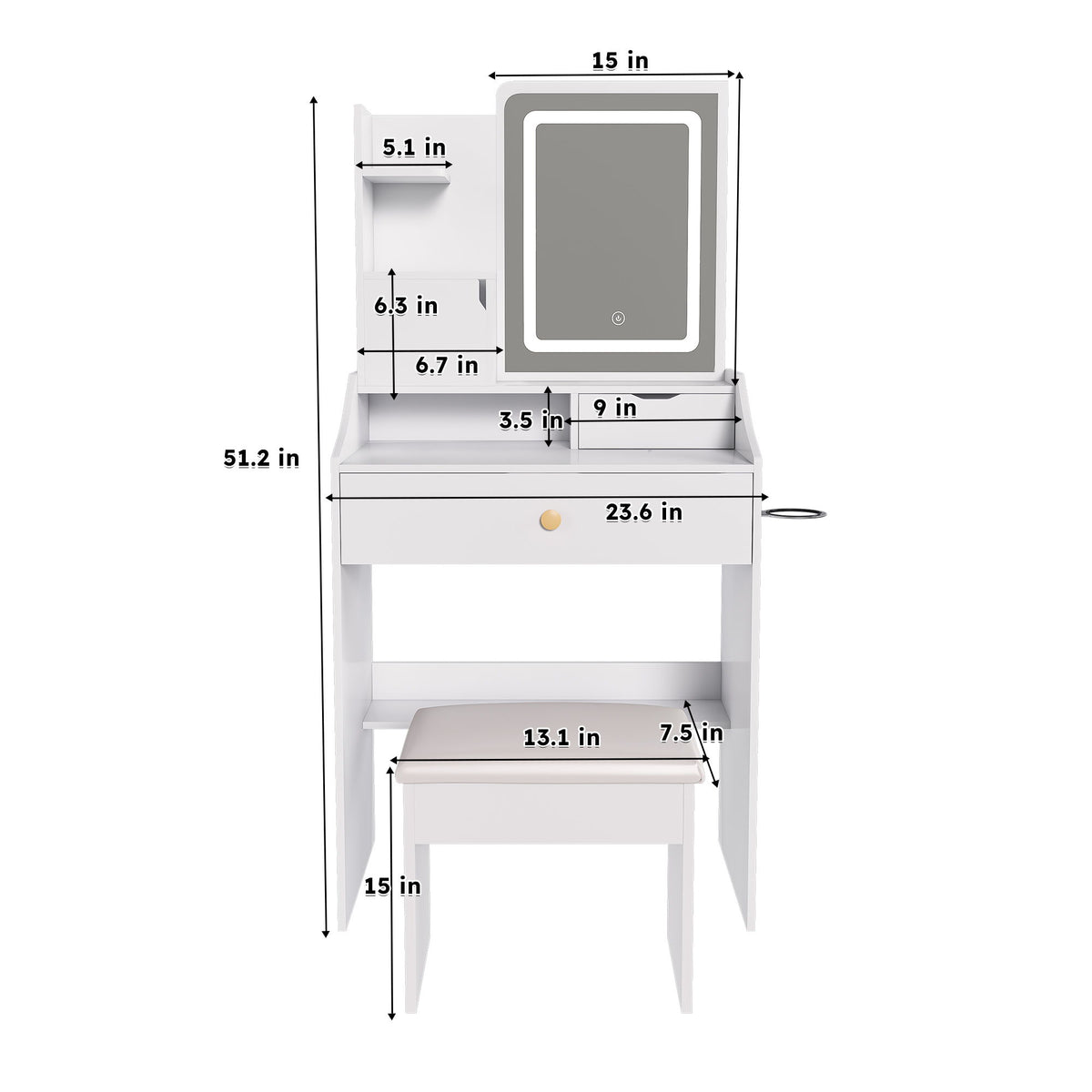 3 Color LED Vanity Mirror With Stool, Dressing Table For Bedroom, 2 Drawers & 5 Storage Cabinets (4 Open + 1 Hidden), Adjustable Lighting - White